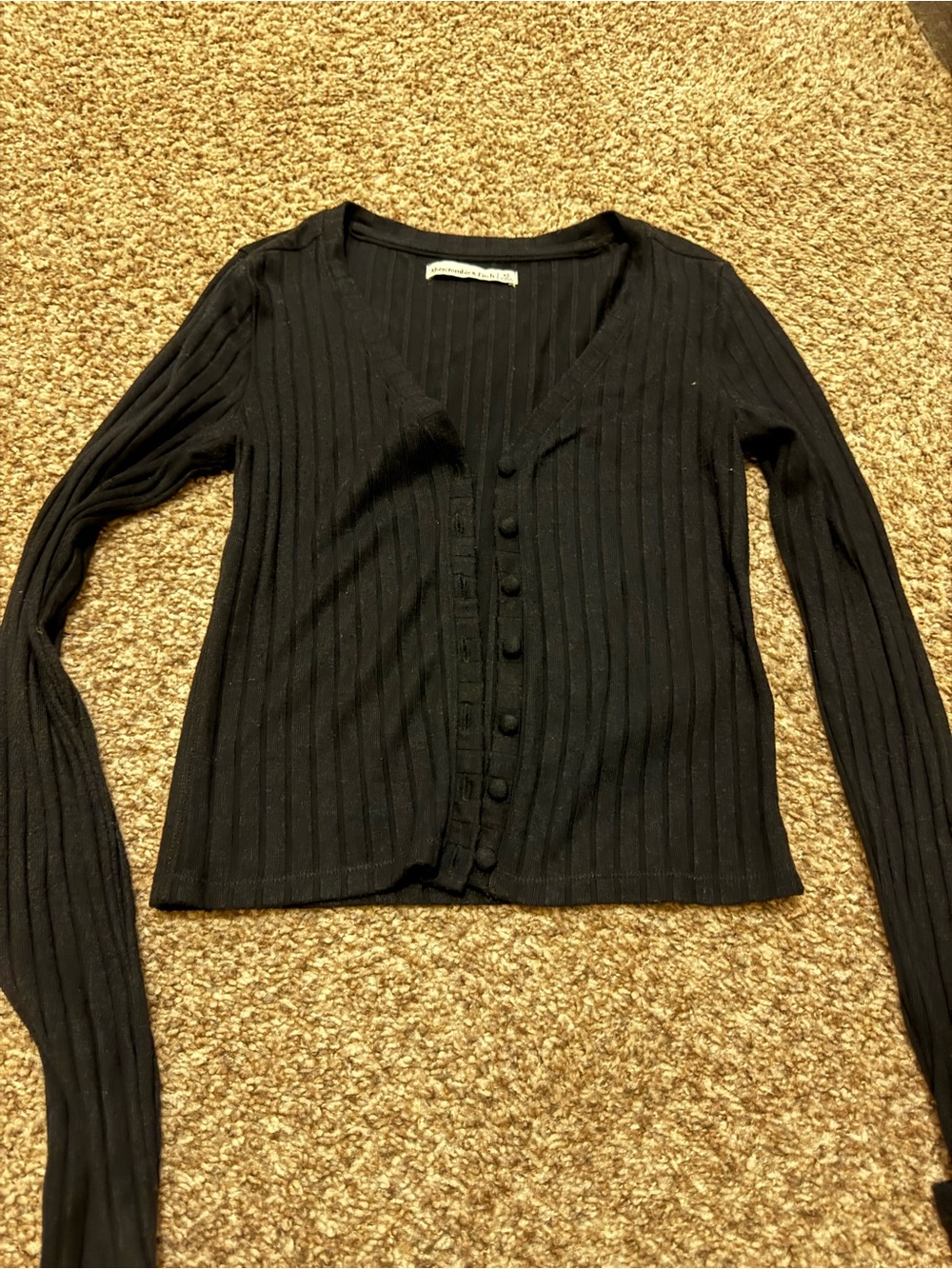 Abercrombie Black Ribbed V-Neck Button Cardigan